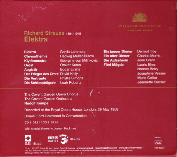 Strauss*, Gerda Lammers, Hedwig Müller-Bütow, Georgine von Milinkovic, The Covent Garden Opera Chorus*, The Covent Garden Orchestra*, Rudolf Kempe : Elektra (2xCD, Album, Mono, RE)