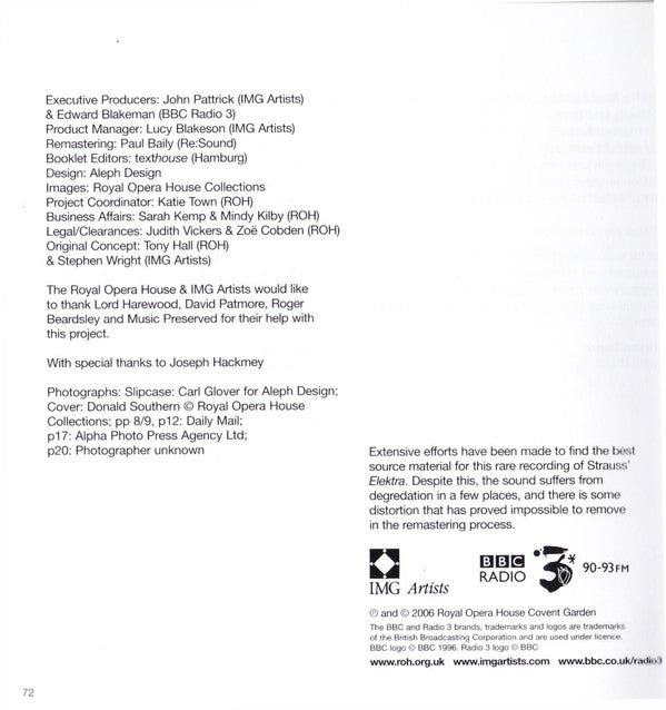 Strauss*, Gerda Lammers, Hedwig Müller-Bütow, Georgine von Milinkovic, The Covent Garden Opera Chorus*, The Covent Garden Orchestra*, Rudolf Kempe : Elektra (2xCD, Album, Mono, RE)