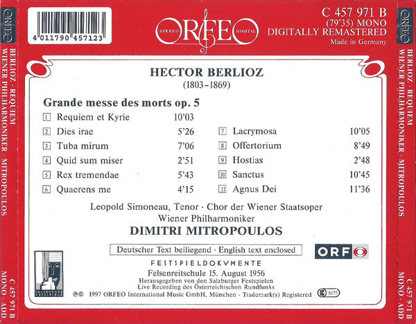 Hector Berlioz, Leopold Simoneau, Wiener Staatsopernchor, Wiener Philharmoniker, Dimitri Mitropoulos : Grande Messe Des Morts (CD, Mono, RE, RM)