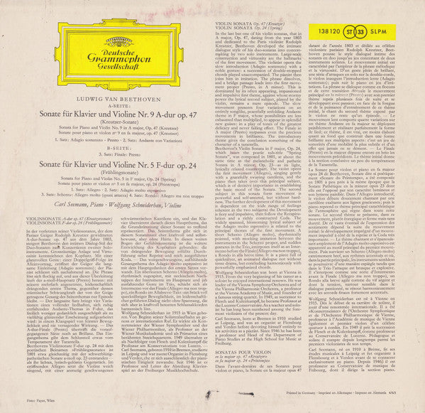 Ludwig Van Beethoven, Carl Seemann ‧ Wolfgang Schneiderhan : Violinsonaten A-dur Op. 47 Nr. 9 ‧ F-dur Op. 24 Nr. 5 (Kreutzersonate ‧ Frühlingssonate) (LP, RP)