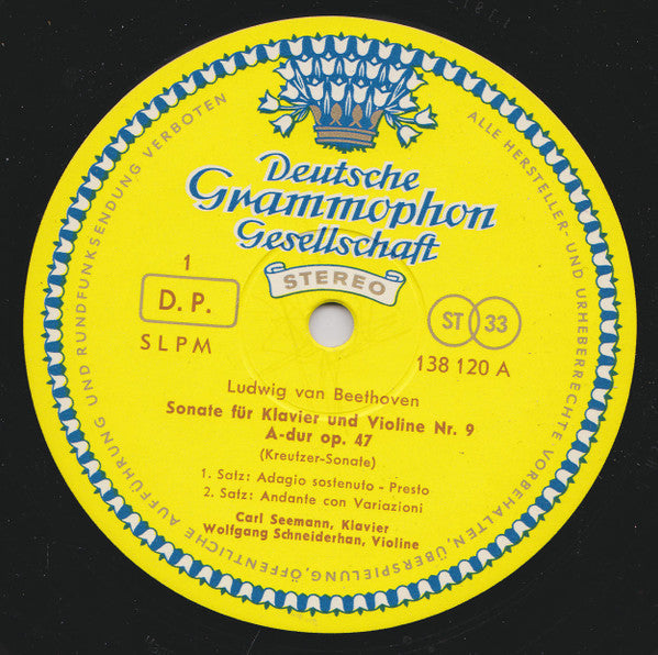 Ludwig Van Beethoven, Carl Seemann ‧ Wolfgang Schneiderhan : Violinsonaten A-dur Op. 47 Nr. 9 ‧ F-dur Op. 24 Nr. 5 (Kreutzersonate ‧ Frühlingssonate) (LP, RP)