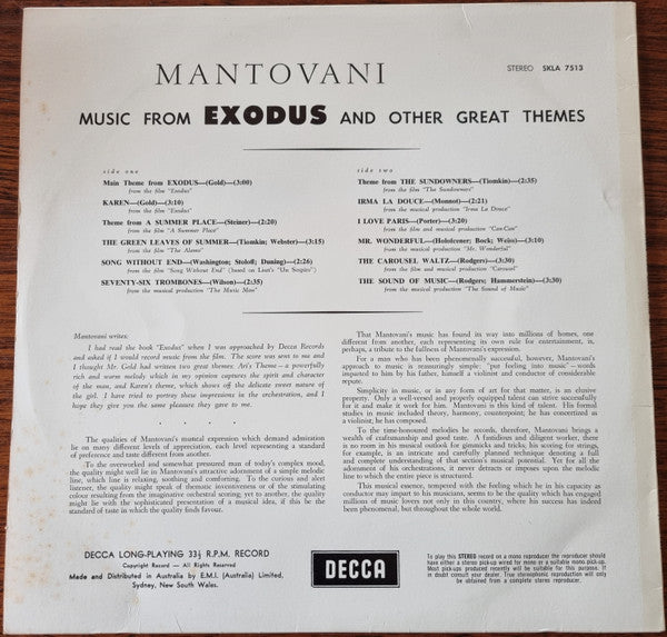 Mantovani : Plays Music From Exodus And Other Great Themes (LP)