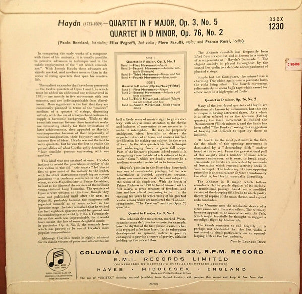 Joseph Haydn, Quartetto Italiano : Quartet In F Major, Op. 3, No. 5 - Quartet In D Minor, Op. 76, No. 2 (LP, Mono, RP)