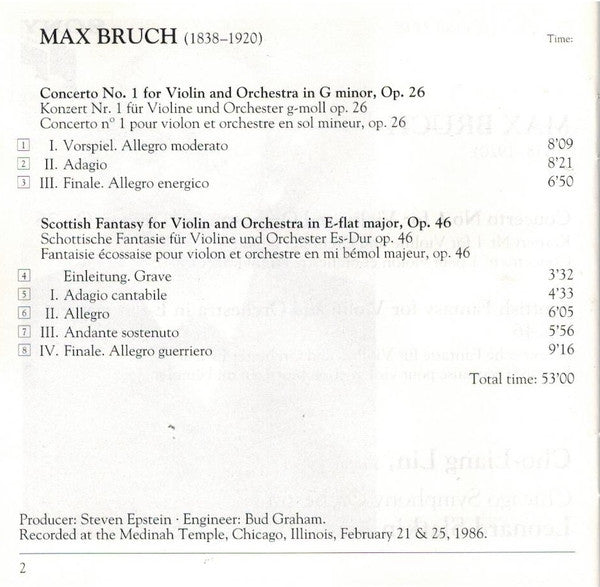 Bruch*, Cho-Liang Lin, Chicago Symphony Orchestra, Leonard Slatkin : Violin Concerto No. 1 / Scottish Fantasy (CD, Album, RE)