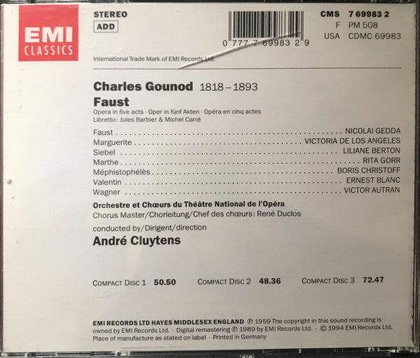 Charles Gounod / Nicolai Gedda • Victoria De Los Angeles • Boris Christoff • Orchestre National De L'Opéra De Paris • André Cluytens : Faust (3xCD, Album, RE, RM)