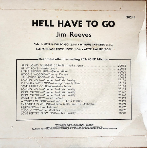 Jim Reeves : He'll Have To Go (7", EP, RE)