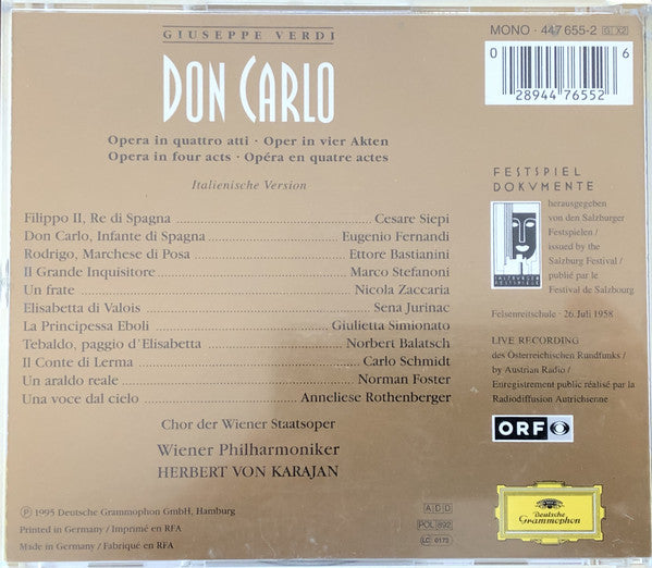 Giuseppe Verdi ' Eugenio Fernandi ' Sena Jurinac ' Giulietta Simionato ' Ettore Bastianini ' Cesare Siepi ' Marco Stefanoni ' Chor Der Wiener Staatsoper*, Wiener Philharmoniker, Herbert Von Karajan : Don Carlo (2xCD, Album, Mono)