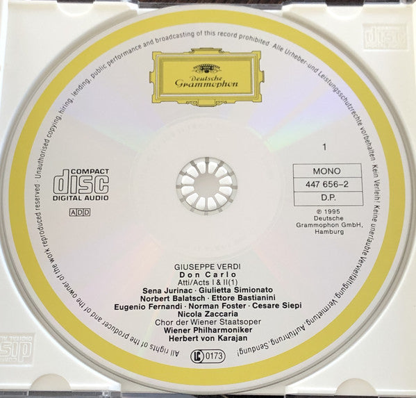 Giuseppe Verdi ' Eugenio Fernandi ' Sena Jurinac ' Giulietta Simionato ' Ettore Bastianini ' Cesare Siepi ' Marco Stefanoni ' Chor Der Wiener Staatsoper*, Wiener Philharmoniker, Herbert Von Karajan : Don Carlo (2xCD, Album, Mono)