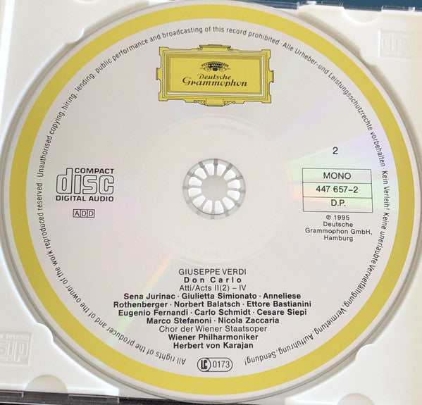 Giuseppe Verdi ' Eugenio Fernandi ' Sena Jurinac ' Giulietta Simionato ' Ettore Bastianini ' Cesare Siepi ' Marco Stefanoni ' Chor Der Wiener Staatsoper*, Wiener Philharmoniker, Herbert Von Karajan : Don Carlo (2xCD, Album, Mono)