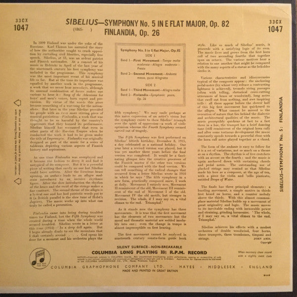 Sibelius* - Herbert von Karajan / Philharmonia Orchestra : Symphony No. 5 In E Flat Major /  Finlandia (LP, Mono)