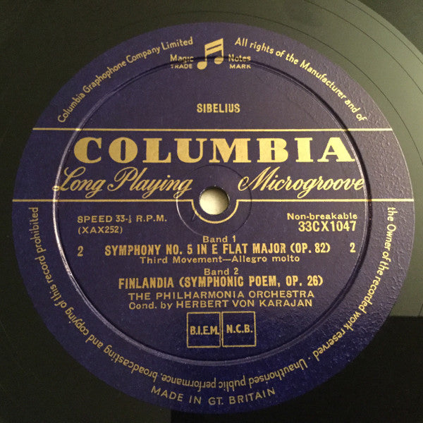 Sibelius* - Herbert von Karajan / Philharmonia Orchestra : Symphony No. 5 In E Flat Major /  Finlandia (LP, Mono)