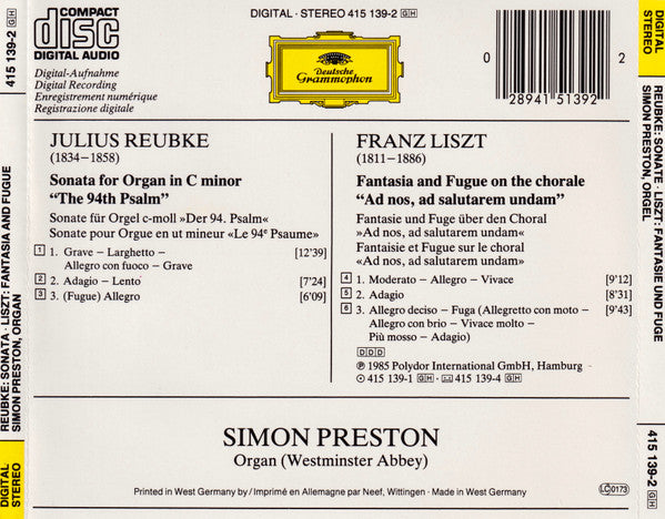 Simon Preston, Franz Liszt, Julius Reubke : Reubke: Sonata, Liszt: Fantasia And Fugue - Simon Preston, Organ (CD)