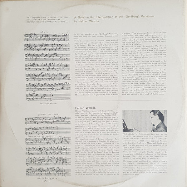 J. S. Bach*, Helmut Walcha : Goldberg Variations (2xLP, Album, Mono, Club, Gat)