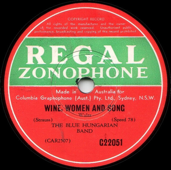 The Blue Hungarian Band : Wine, Women And Song / Over The Waves (Shellac, 10", RP)