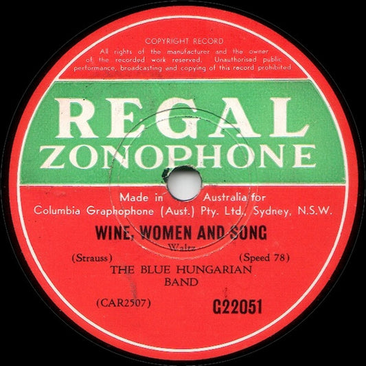 The Blue Hungarian Band : Wine, Women And Song / Over The Waves (Shellac, 10", RP)
