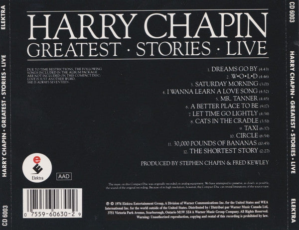Harry Chapin : Greatest - Stories - Live (CD, Album, RE)