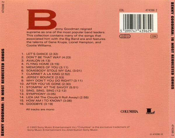 Benny Goodman : 16 Most Requested Songs (CD, Comp, Mono)