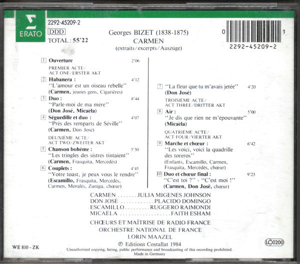 Julia Migenes Johnson / Placido Domingo / Ruggero Raimondi / Faith Esham – Orchestre National De France / Chœur De Radio France Et Maîtrise De Radio France / Lorin Maazel : Carmen • Extraits / Excerpts / Auszüge (CD, Album, RE)