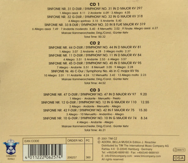 W. A. Mozart*, Mainzer Kammerorchester, Günter Kehr : Sinfonien Nr. 10-12, 31-33, 42, 44-47 (3xCD, Comp)