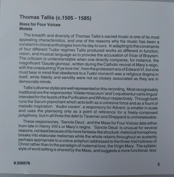 Thomas Tallis - Oxford Camerata, Jeremy Summerly : Mass For Four Voices • Motets (CD, Son)
