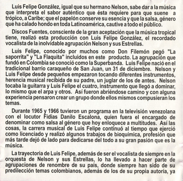 Luis Felipe González : 20 Grandes Exitos De Luis Felipe González, Cantante Original de Nelson Y Sus Estrellas (CD, Comp)