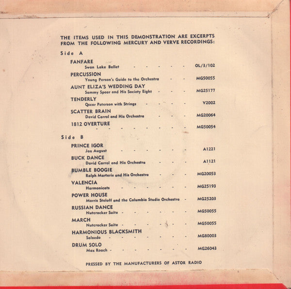 Various : Astor Concertmaster Demonstration Record (10", Promo)