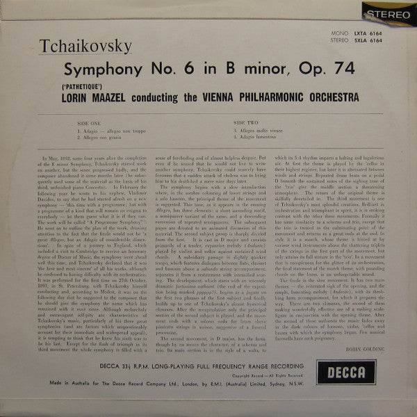 Pyotr Ilyich Tchaikovsky, Lorin Maazel : Wiener Philharmoniker : Symphony No.6 (LP)