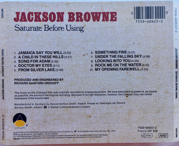 Jackson Browne : Saturate Before Using (CD, Album, RE)