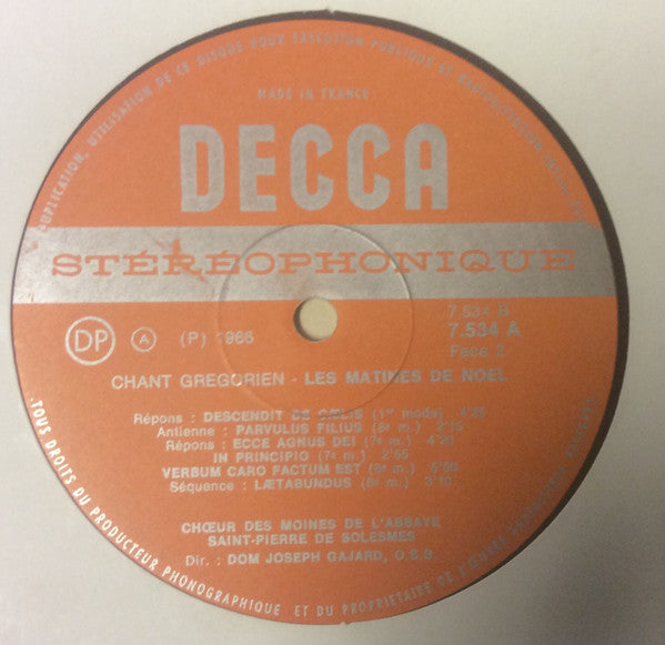 Chœur Des Moines De L'Abbaye Saint-Pierre De Solesmes, Dom J. Gajard O.S.B.* : Les Matines De Noël (LP)