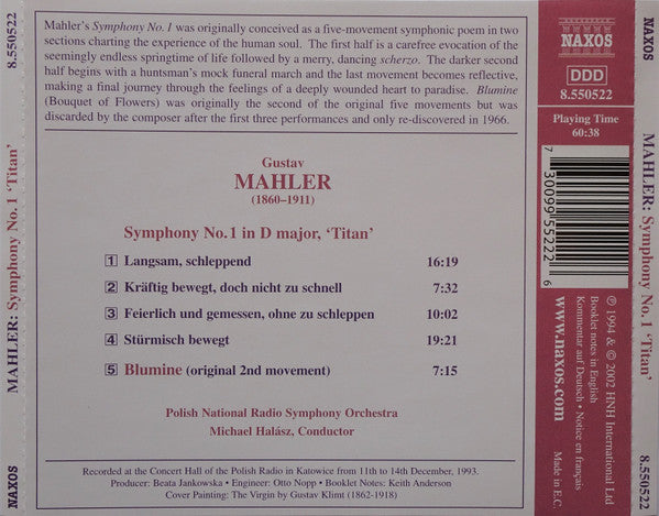 Mahler* / Michael Halász, Polish National Radio Symphony Orchestra : Symphony No. 1 "Titan" (Including Blumine Movement) (CD, RE)