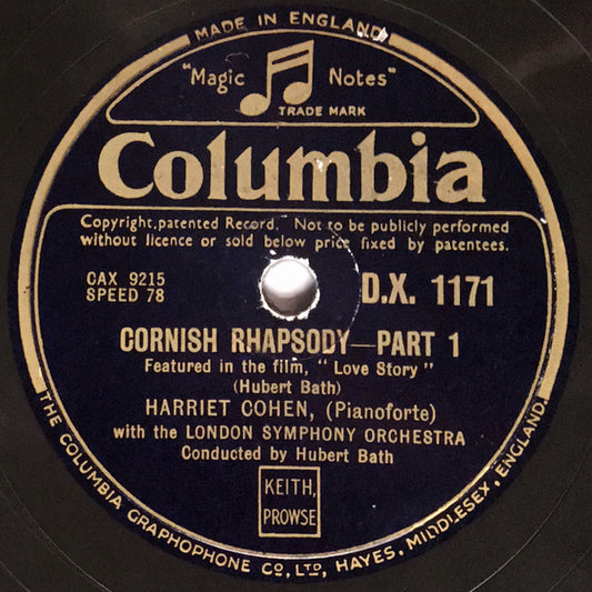 Harriet Cohen, London Symphony Orchestra, Hubert Bath : Cornish Rhapsody (Shellac, 12")