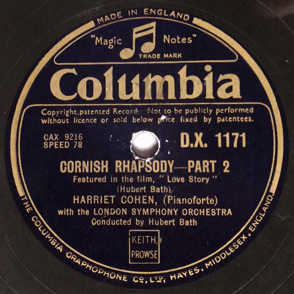 Harriet Cohen, London Symphony Orchestra, Hubert Bath : Cornish Rhapsody (Shellac, 12")