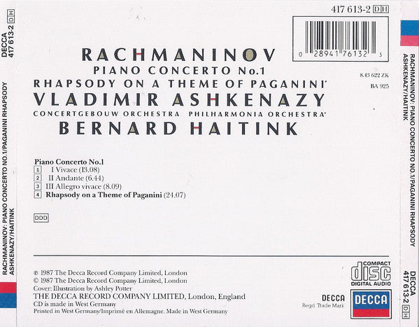 Rachmaninov*, Vladimir Ashkenazy, Concertgebouw Orchestra*, Philharmonia Orchestra, Bernard Haitink : Piano Concerto No. 1 / Rhapsody On A Theme Of Paganini (CD, Album)