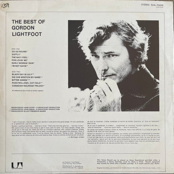 Gordon Lightfoot : The Best Of Gordon Lightfoot (LP, Comp, Tex)