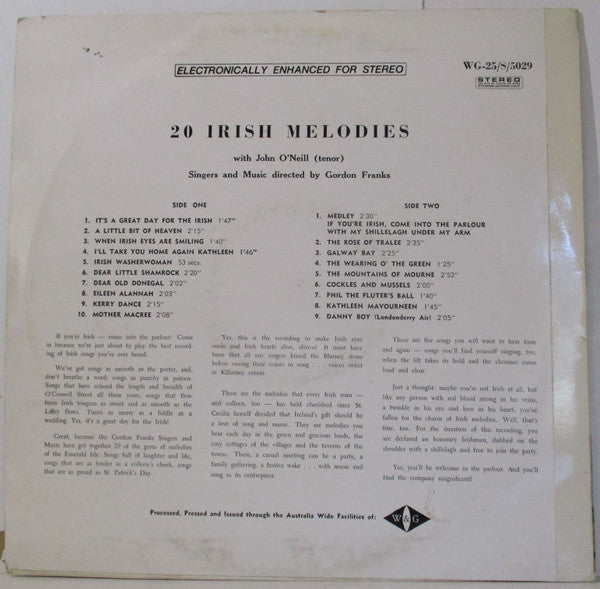 John O'Neill (5), Gordon Franks Singers And Music : 20 Irish Melodies (LP, Album)