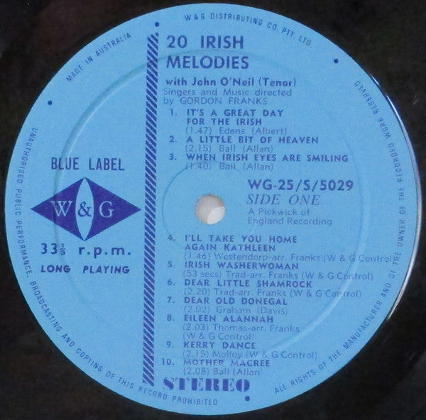 John O'Neill (5), Gordon Franks Singers And Music : 20 Irish Melodies (LP, Album)