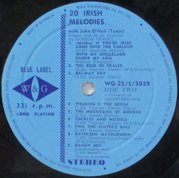 John O'Neill (5), Gordon Franks Singers And Music : 20 Irish Melodies (LP, Album)