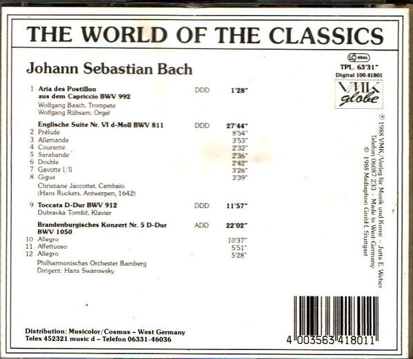 Johann Sebastian Bach - Wolfgang Basch, Wolfgang Rübsam (2), Christiane Jaccottet, Dubravka Tomšić*, Philharmonisches Orchester Bamberg* Dirigent: Hans Swarowsky (2) : Aria Des Postillon Aus Dem Capriccio BWV 992 / Englische Suite Nr. VI D-Moll BWV 811 / Toccata D-Dur BWV 912 / Brandenburgisches Konzert Nr. 5 D-Dur BWV 1050 (CD, Comp)
