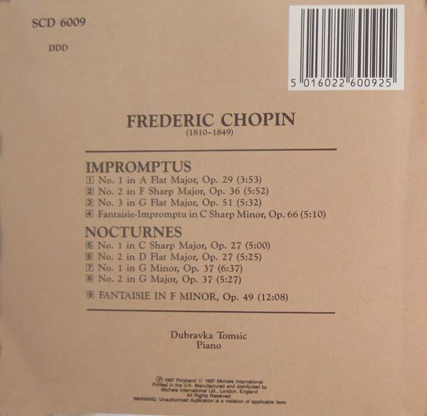 Chopin* / Dubravka Tomsic : IMPROMTUS/NOCTURNES/FANTAISIE In F (CD, Album)