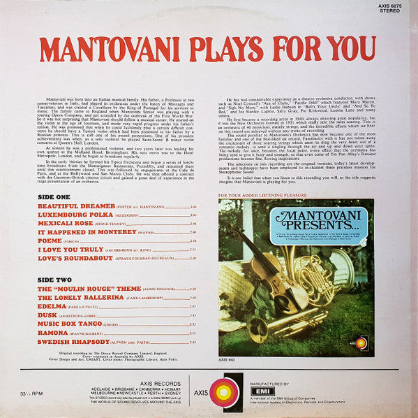 Mantovani And His Orchestra : Mantovani Plays For You (LP, Album)
