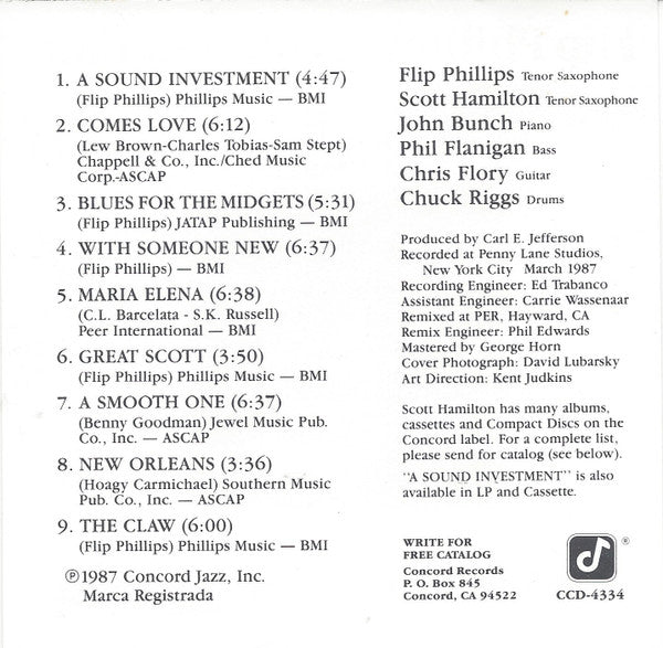 Flip Phillips & Scott Hamilton : A Sound Investment (CD, Album)