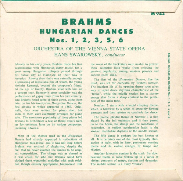 Johannes Brahms / Orchester Der Wiener Staatsoper / Hans Swarowsky : Hungarian Dances Nos 1, 2, 3, 5 & 6 (7", Syn)