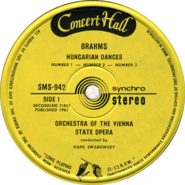 Johannes Brahms / Orchester Der Wiener Staatsoper / Hans Swarowsky : Hungarian Dances Nos 1, 2, 3, 5 & 6 (7", Syn)