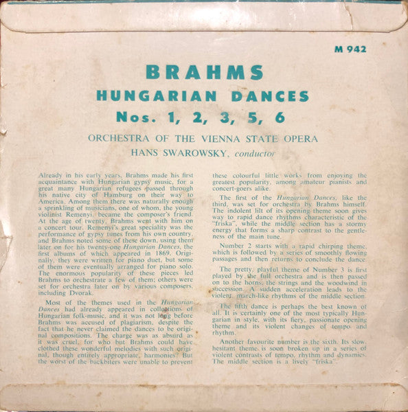 Brahms* / Vienna State Opera Orchestra* / Hans Swarowsky : Hungarian Dances Nos 1, 2, 3, 5 & 6 (7")