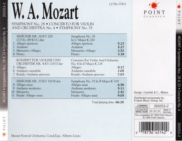 Wolfgang Amadeus Mozart : Mozart Festival Orchestra (2), Alberto Lizzio : Symphony No. 28 • Concerto For Violin And Orchestra No. 4 • Symphony No. 33 (CD, Comp)