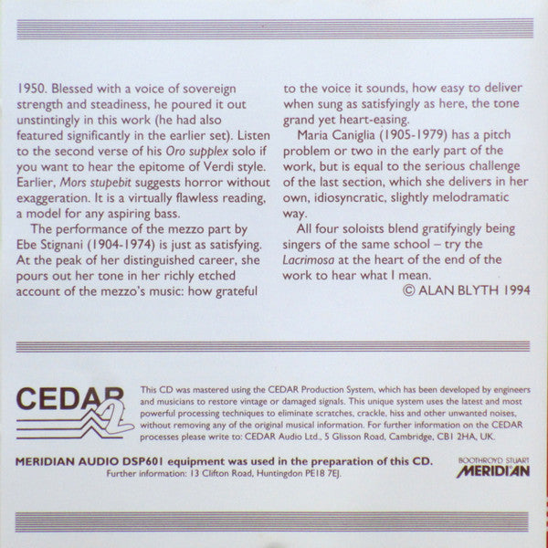 Giuseppe Verdi - Maria Caniglia, Ebe Stignani, Beniamino Gigli, Ezio Pinza, Coro Del Teatro Dell'Opera Di Roma & Orchestra Del Teatro Dell'Opera Di Roma, Tullio Serafin : Requiem (CD, Mono, RE, RM)