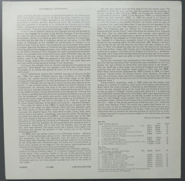 Anna Tariol-Baugé, Juliette Simon-Girard : Offenbach Centenary (LP, Comp, Mono)