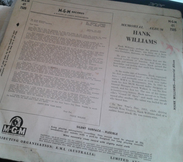 Hank Williams With His Drifting Cowboys : Hank Williams Memorial Album (10", Album)