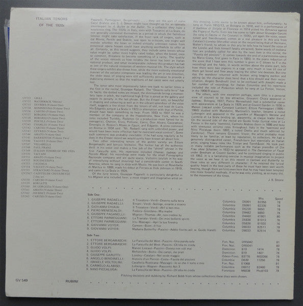 Giuseppe Radaelli, Giovanni Chiaia, Piero Menescaldi, Giuseppe Paganelli, Ettore Parmeggiani, Giovanni Voyer, Ettore Bergamaschi, Guido Volpi, Giuseppe Garutti, Angelo Bendinelli, Ismaele Voltolini, Carmelo Alabiso, Nino Piccaluga : Italian Tenors Of The 1920s (LP, Comp, Mono)