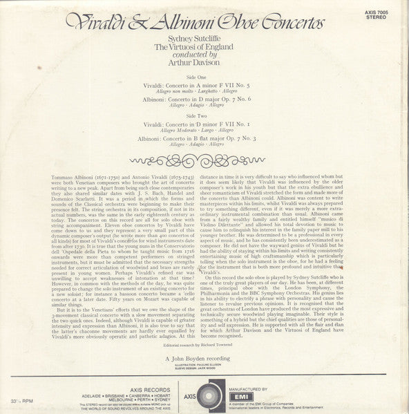 Antonio Vivaldi / Tomaso Albinoni - Sidney Sutcliffe, The Virtuosi Of England Conducted By Arthur Davison : Oboe Concertos (LP, RE)